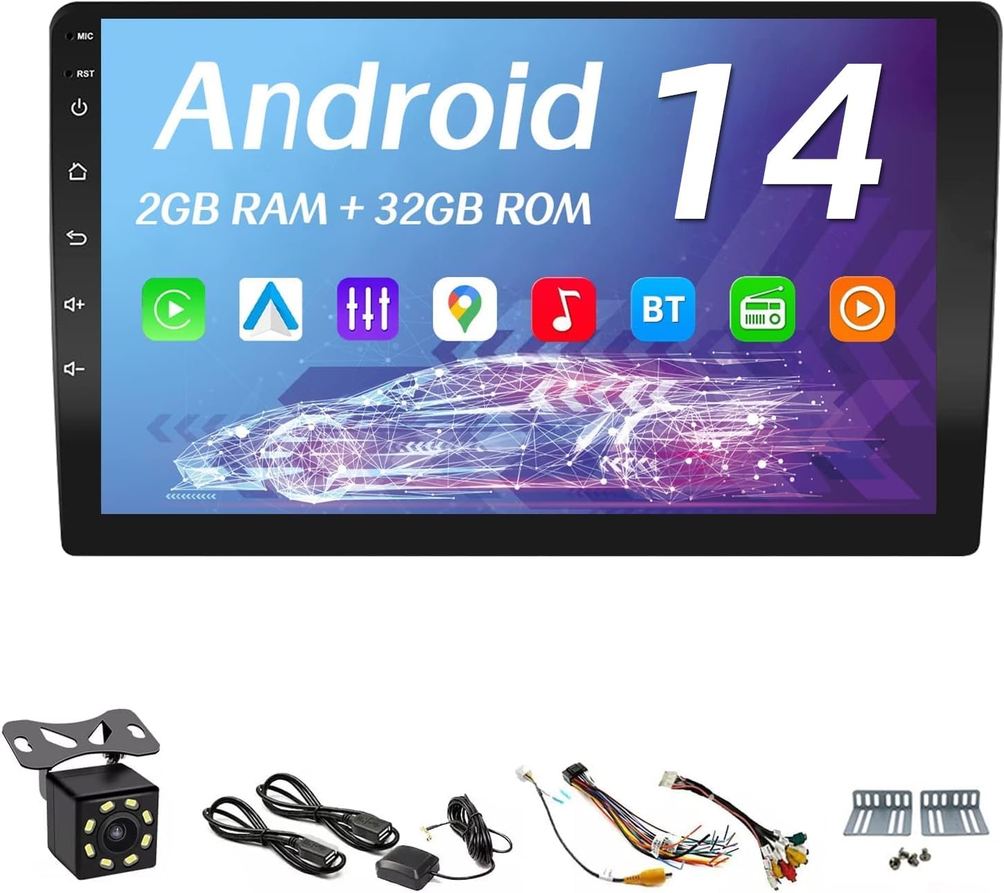 10 Inches Double Din Car Stereo, Apple CarPlay Screen, 2G+32G, Bluetooth Android Auto Screen with Backup Camera, Touch Screen, WiFi, Mirror Link, HiFi, GPS, FM
