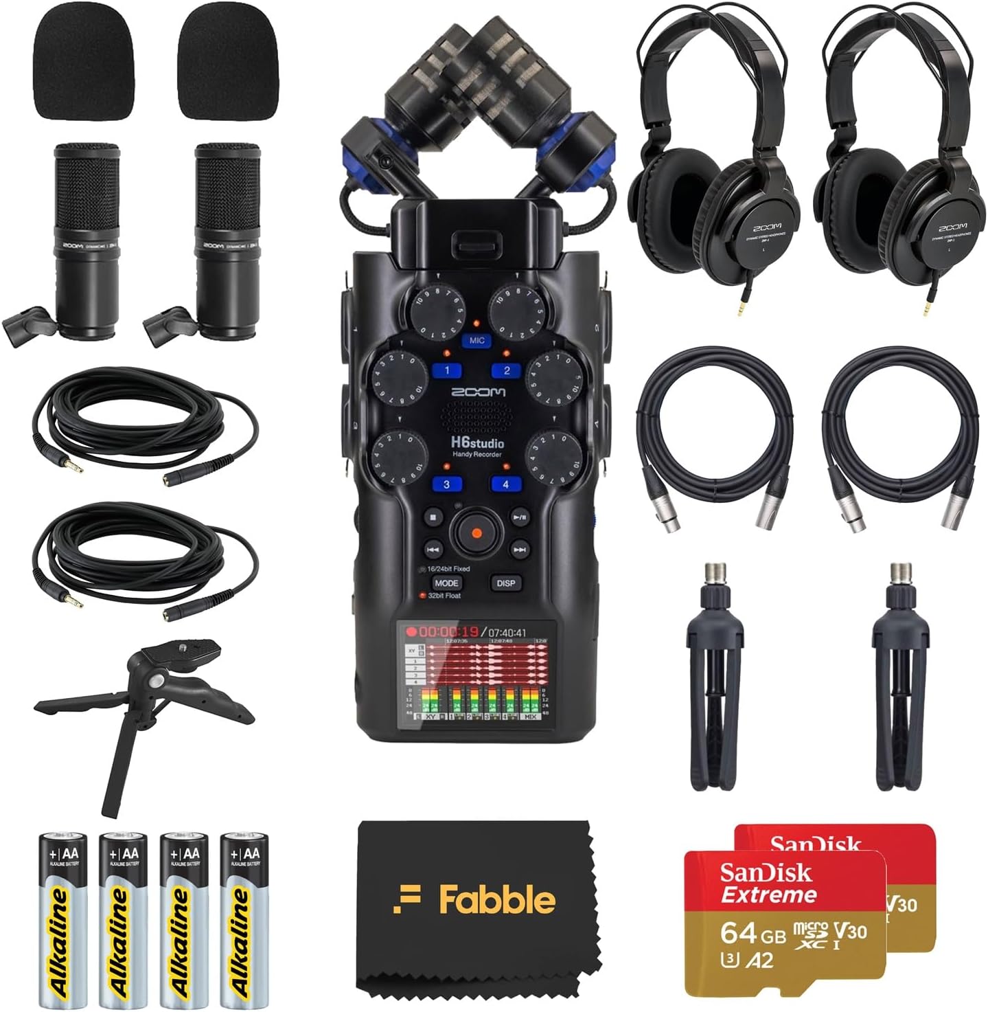 Zoom H6studio Handy Recorder Bundle with 2× ZDM-1 Podcast Mic Packs, Headphones, Tabletop Stands, XLR Cables, Windscreens, Memory Cards, Batteries, and Accessories