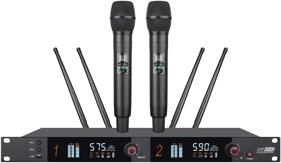 Wireless Microphone System, UHF True Diversity Dual Handheld Vocal Mic, 328ft Coverage, Microphones for Stage Performance, Outdoor Broadcasting, Lectures, Living Performance, Party, Singing,Church