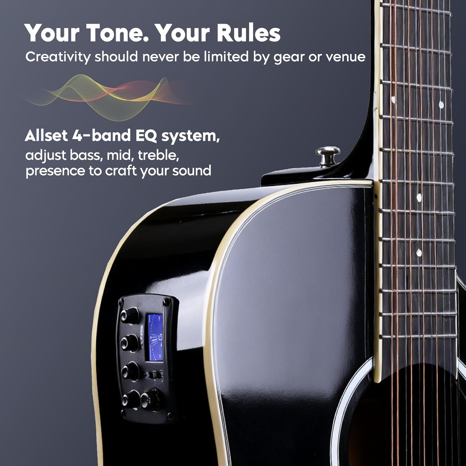 ALLSET Left Hand 12 String Guitar Acoustic Electric | Full Size Guitar with Cutaway, Spruce Top Guitarra Acustica, AUX Strap, Strings, Pick | Fingerstyle Kit for Live Performance | (Black)