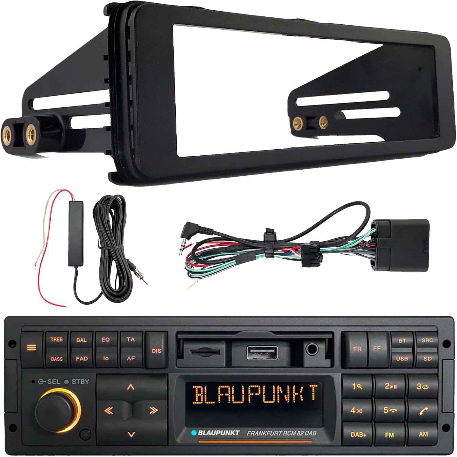 Blaupunkt Bremen Single DIN 80's Retro Classic Bluetooth USB/AUX AM/FM Radio Receiver W/Stereo Installation Kit, 12V Radio Antenna Black Signal Reception Amplifier Booster Kit