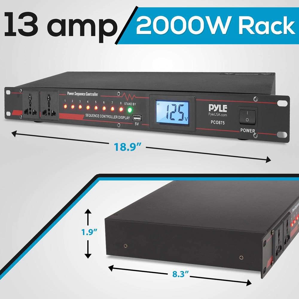 Pyle 10 Outlet Power Sequencer Conditioner - 13 Amp 2000W Rack Mount Pro Audio Digital Power Supply Controller Regulator w/Voltage Readout, Surge Protector, for Home Theater Stage/Studio Use - PCO875