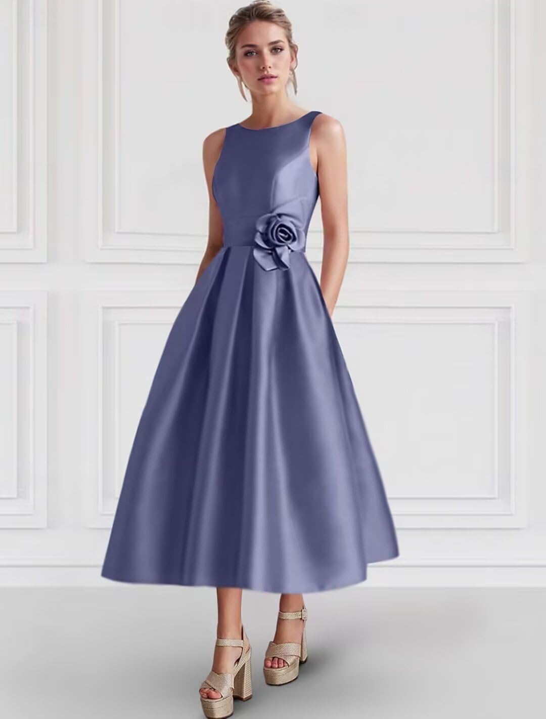 Formal Satin Mother of The Bride Dresses for Women Tea Length A Line Wedding Guest Dress with Pockets