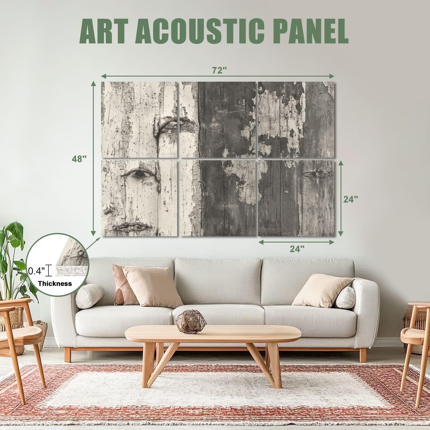 6 Pack Art Acoustic Panels Sound Absorbing Birch Tree Weathered Wood Human Face Peeling Paint Textural Organic Decorative Soundproof Wall Panels Self Adhesive for Recording Studios Office 72