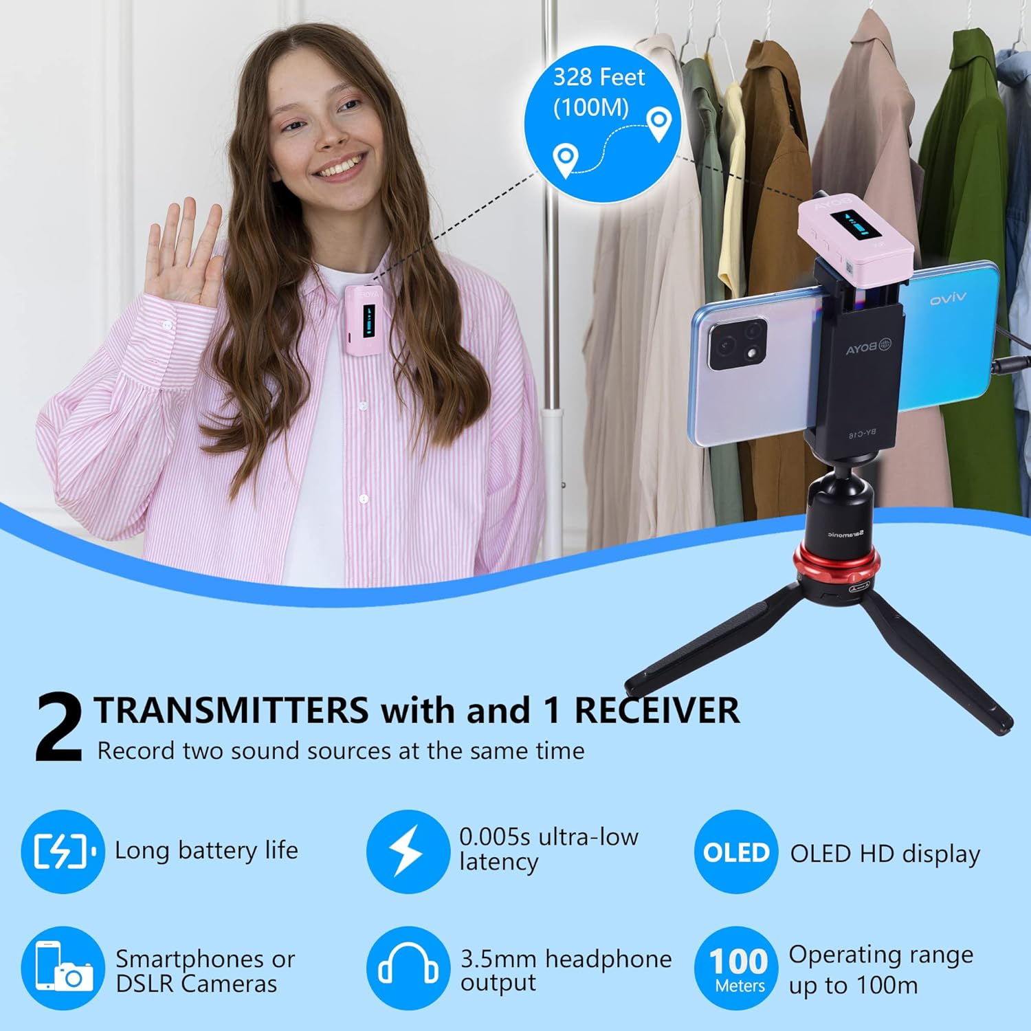 BOYA BY-XM6-K2P Dual Wireless Lavalier Microphone System with 2 Transmitters for DSLR Camera Camcorder Smartphones in Vlog YouTube Video Facebook Live (Pink)