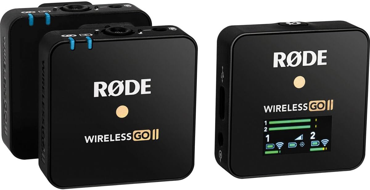 Rode GO II Dual Channel Wireless Microphone System, Series IV 2.4GHz Digital Transmission, 128-bit Encryption, 3.5mm TRS Analog Output, USB-C and iOS Compatible