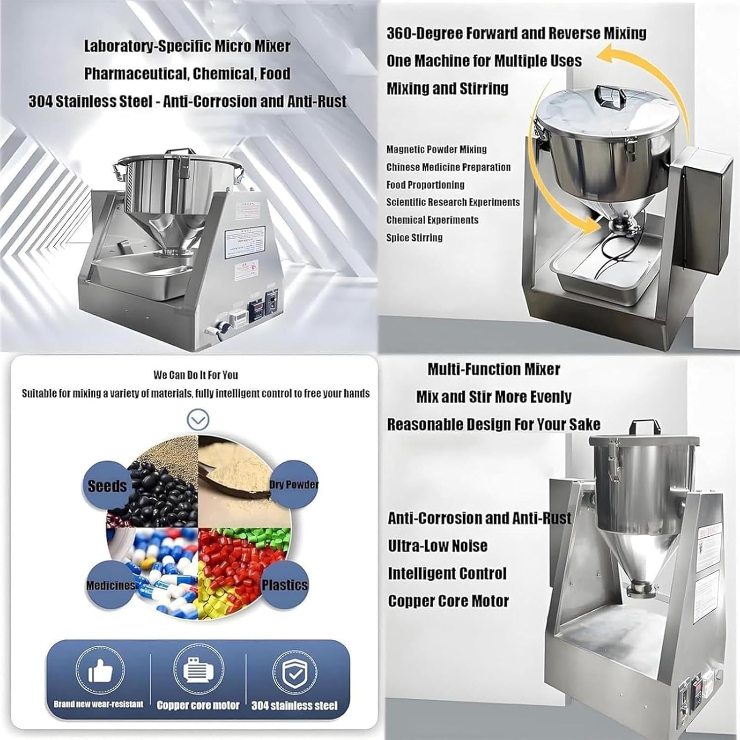 Lab Dry Powder Mixer Mixing Machine Particle Blender, Electric Stainless Powder Blender, 360° Forward and Reverse Rotation, Lab Dry Powder Drum Mixer for Food Ch-emical Medical(40L)