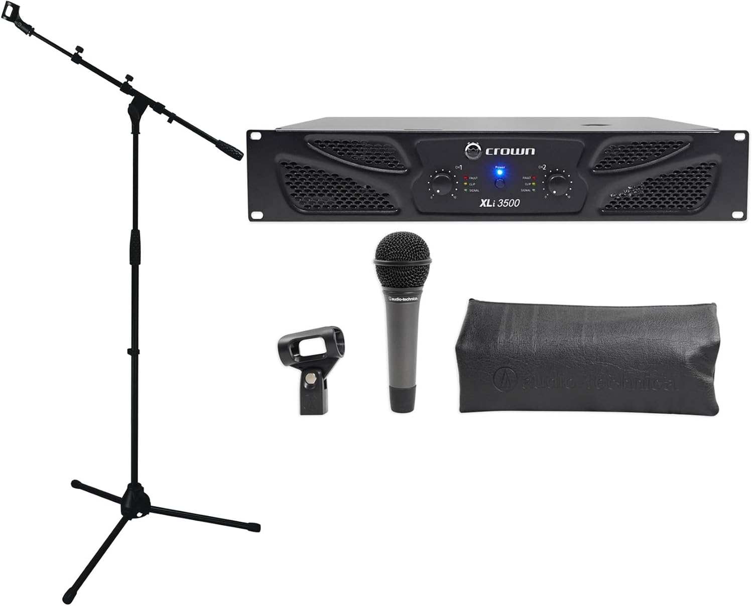 Crown Pro XLi3500 2700w 2 Channel Power Amplifier XLI 3500 Bundle with at Microphone & Rockville Stand