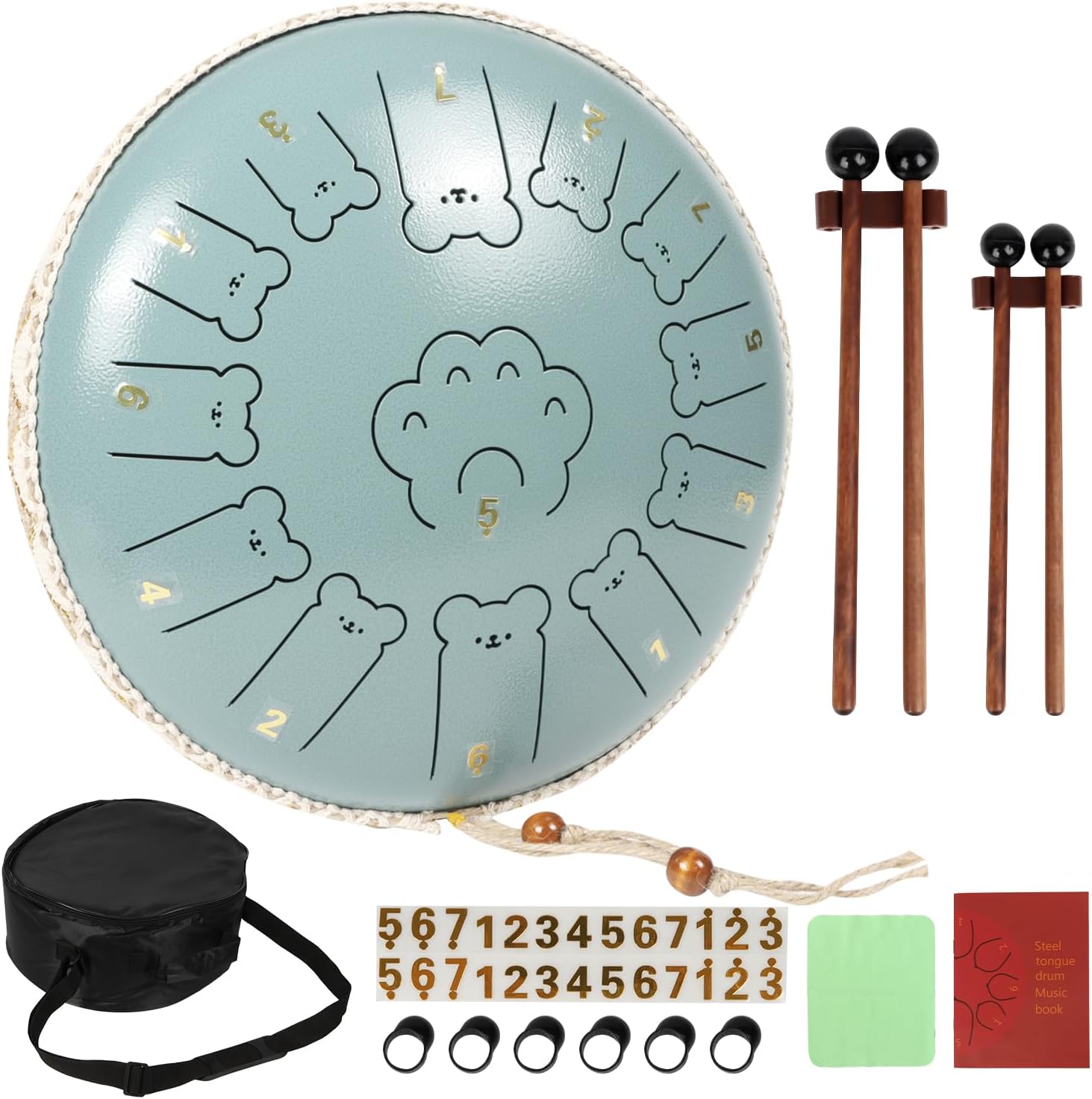 Bear Steel Tongue Drum 13 Inch 13 Note, Steel Drum with Mallets 2 Pairs, Carry Bag and Music Book, C Major Percussion Instruments, Hand Pan Drums for Adults and Kids (Moss Blue)