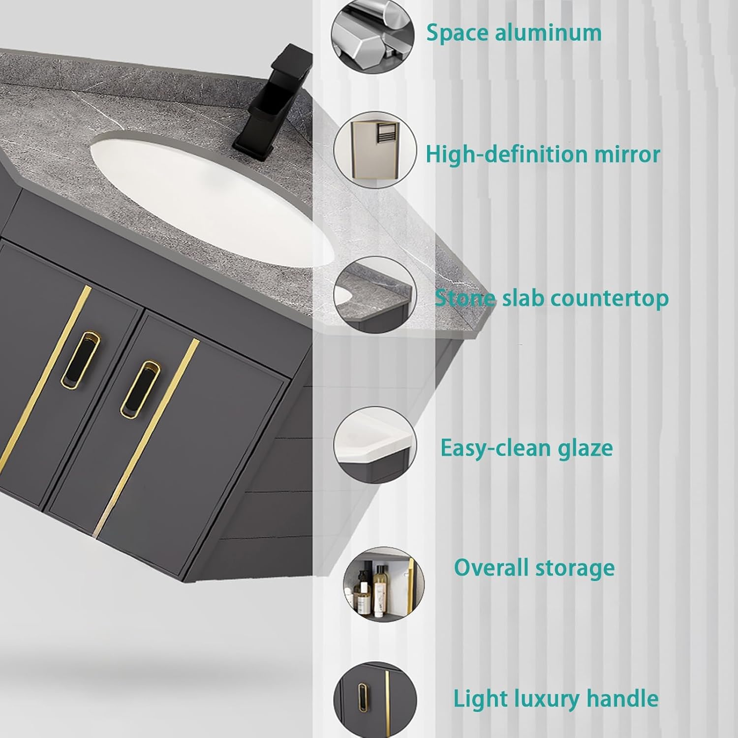 Corner Wall Mount Bathroom Sink, Corner Bathroom Vanity, Modern Bathroom Corner Cabinet, Ceramic Wash with Storage Container and Mirror Cabinet, for Small Space