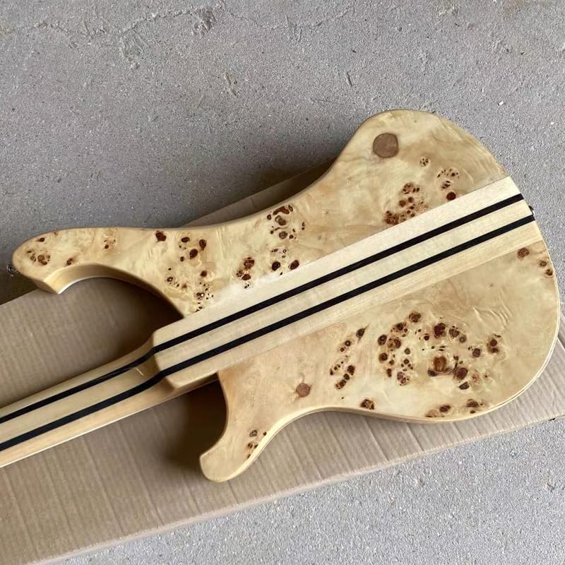 4-String Electric Bass Guitar - Natural Gloss Finish with Burl Maple Top, 20-Fret Rosewood Fretboard