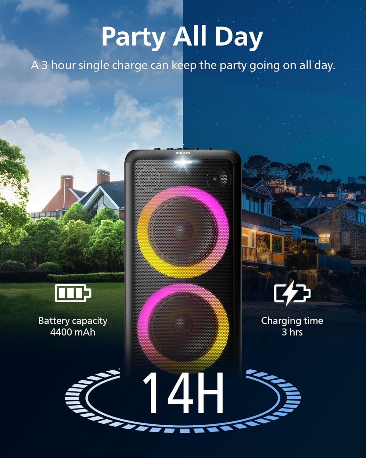 Philips X5206 bluetooth party speaker, portable with wheels, exciting light show, karaoke machine with microphone and Guitar Input, powerful bass & subwoofer, long playtime, perfect for outdoor events