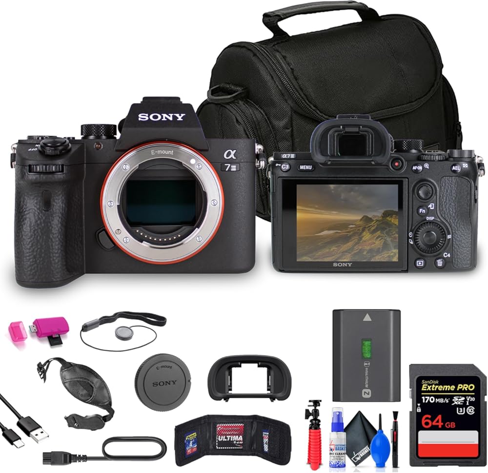 Sony a7 III Mirrorless Camera (ILCE7M3/B) + 64GB Memory Card + Bag + Card Reader + Flex Tripod + Hand Strap + Memory Wallet + Cap Keeper + Cleaning Kit (Renewed)