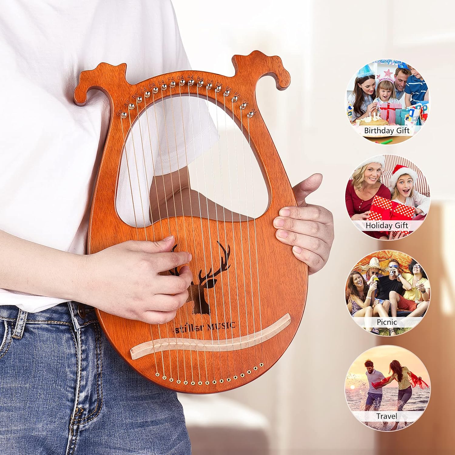 Lyre Harp, 16 String Lyre Harp Elk Pattern Solid Wood String Instrument Harp Harps with Tuning Hammer Strings Cleaning Cloth Picks for Beginners
