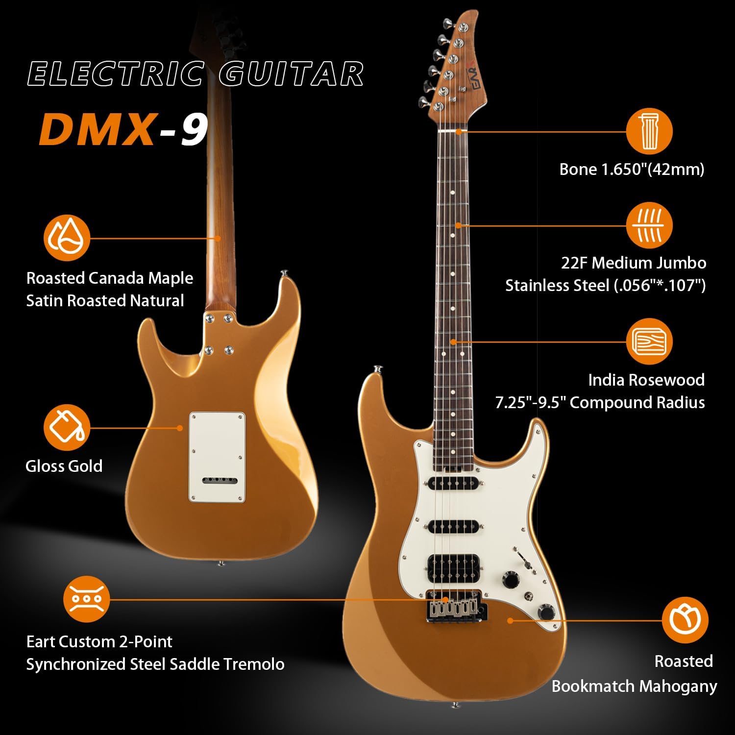 EART Electric Guitar DMX-9, 6 String Tremolo Bridge, Humbucker Pickups, Solid Body, 5-Way Switch Guitars (Gold)