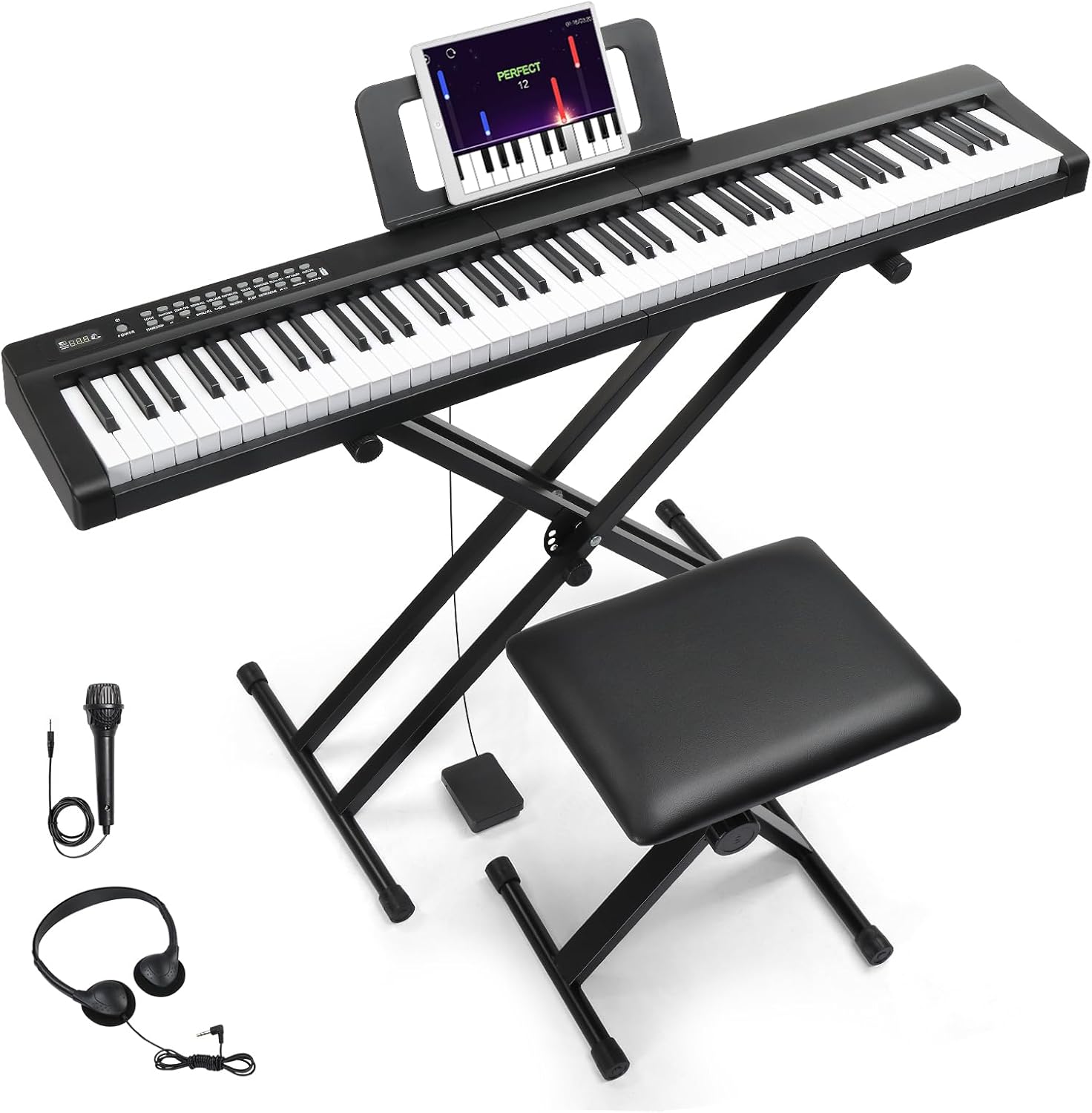 Ktaxon 88 Key Keyboard Piano with Bluetooth MIDI, 3 Teaching & Dual Keyboard Mode, 1000 Rhythms & Tones, 150 Demos, Digital Piano with Bench, Headphones, Microphone, Pedal, Piano Sticker (Full)