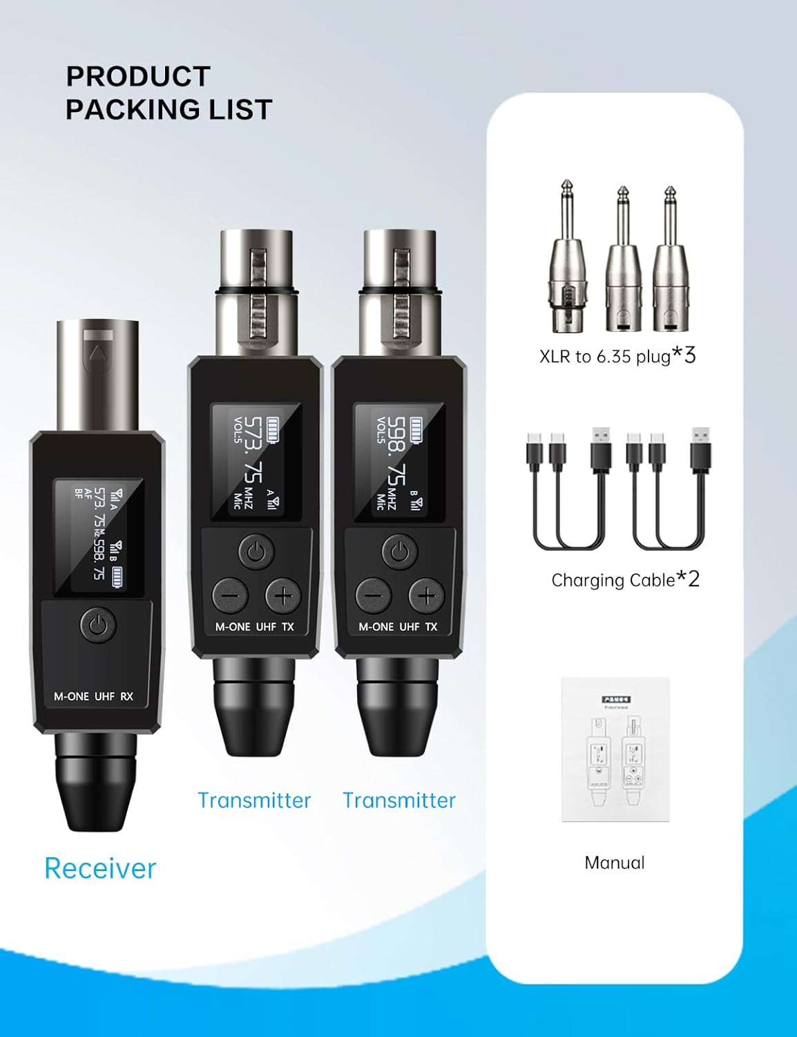 EBJ Wireless Microphone System UHF wireless XLR transmitter and receiver for dynamic/capacitive microphones, 48V Phantom power supply, electric guitar/bass, audio mixer, PA system (One drag two)