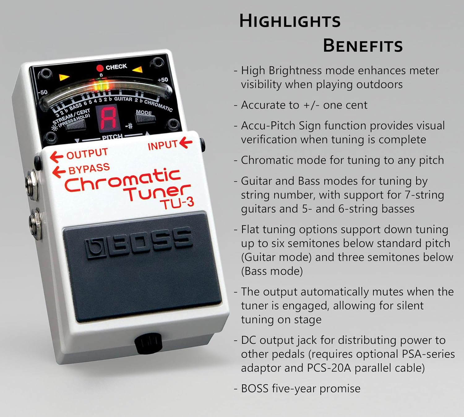 Boss TU-3 Chromatic Tuner Pedal - Bundle with Gearlux Instrument Cable, Patch Cable, and Picks