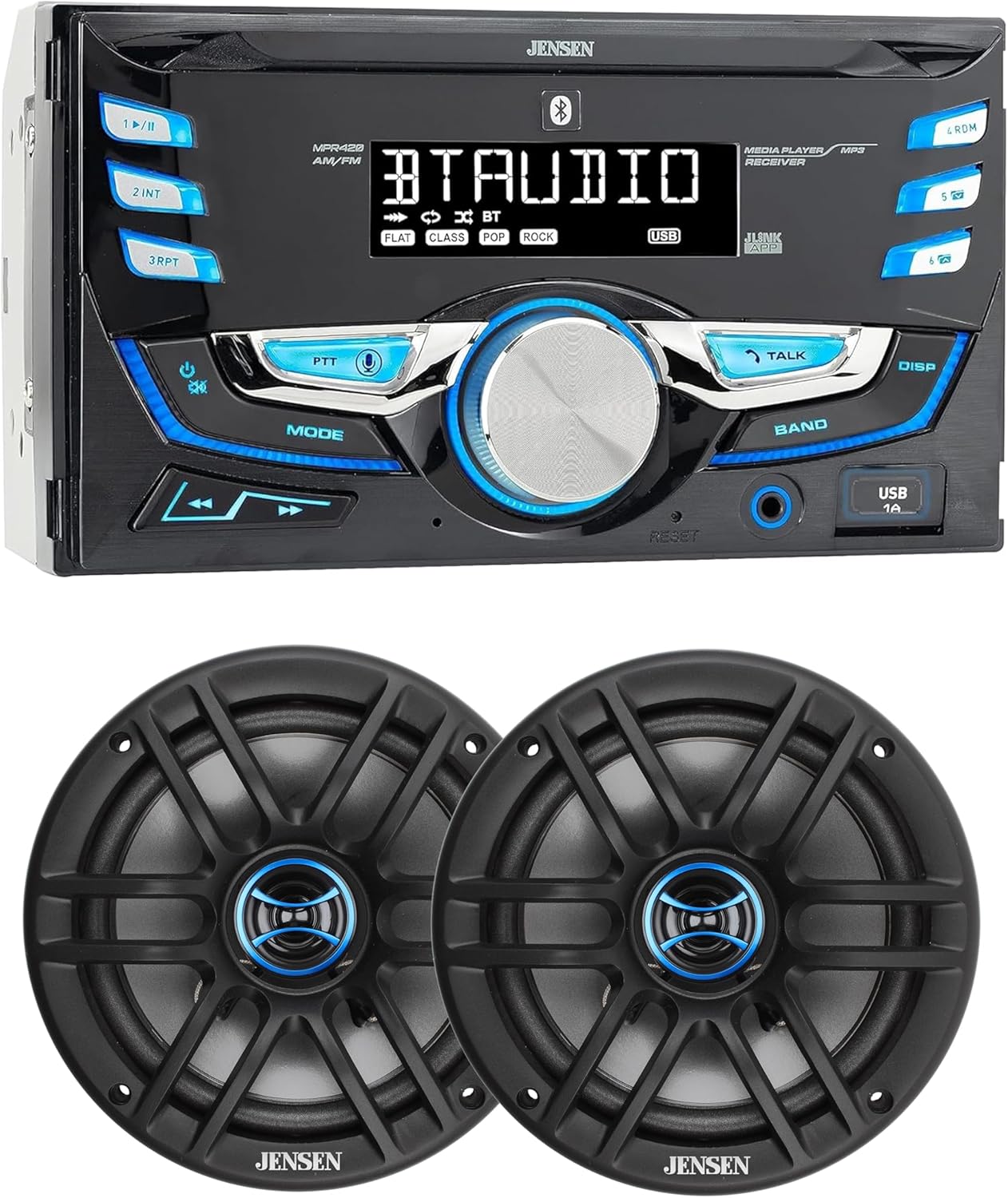 JENSEN MPR420 7 Character LCD Double DIN Car Stereo Radio & JS62 6.5 inch Car Speakers