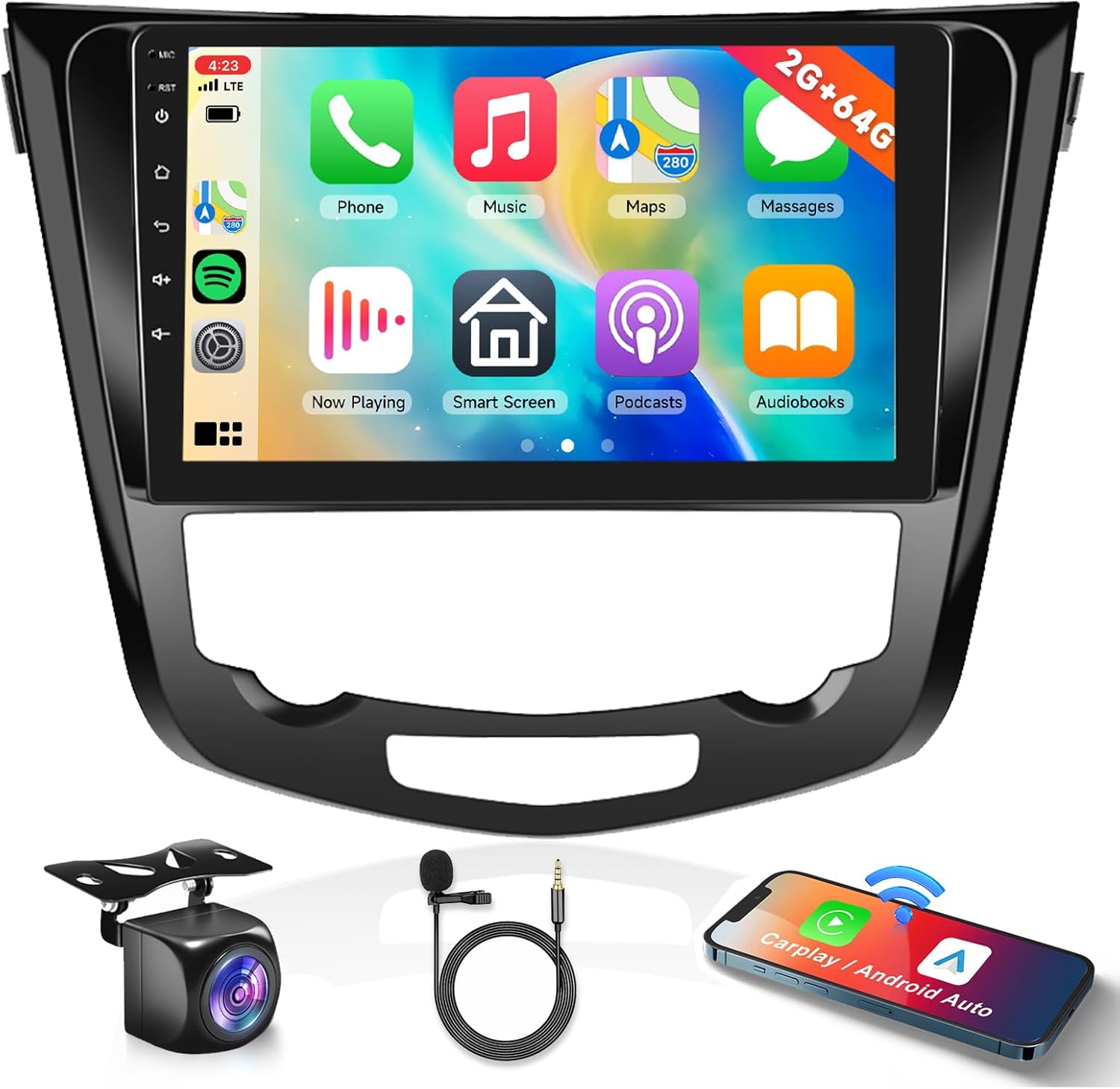 2G+64G Car Radio Stereo for Nissan Rogue/Rogue Sport 2014-2018, Wireless CarPlay/Android Auto 9 Inch HD Touch Screen Android 13 GPS WiFi Bluetooth HiFi Audio FM/RDS HD Backup Camera