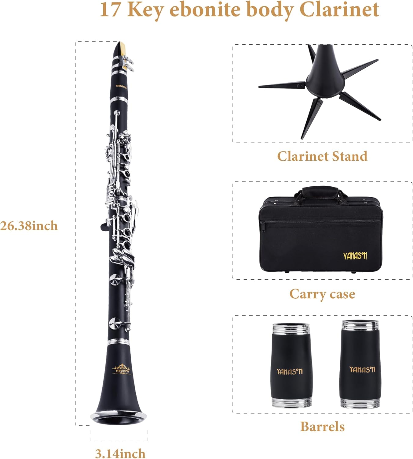 YANASON Bb clarinet for beginners, Bb nickel-plated 17-keys clarinet, suitable for students, professionals, school bands with Hard Foam Case,Barrels*2,Pads*8,Stand, Cleaning Kit,Gloves,Strap,Reeds*8