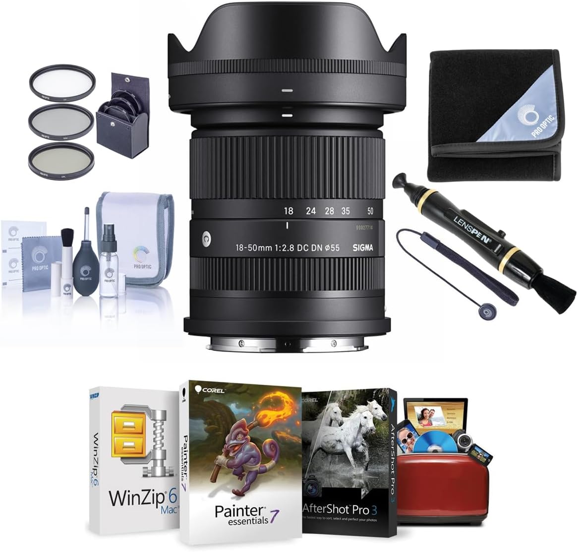 Sigma 18-50mm f/2.8 DC DN Contemporary Lens for Sony E, Bundle with 55mm Filter Kit, Lens Cleaner, Lens Wrap, Lens Cap Tether, Cleaning Kit, Mac Software Kit