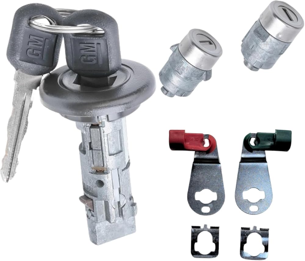Set of 1 Ignition Switch Lock Cylinder and 2 Front Door Lock Replacements, Compatible with Chevy and Sierra. Includes 2 Chevy Logo Round Hole Keys and 2 GM Keys, All keyed Alike, OEM Set.