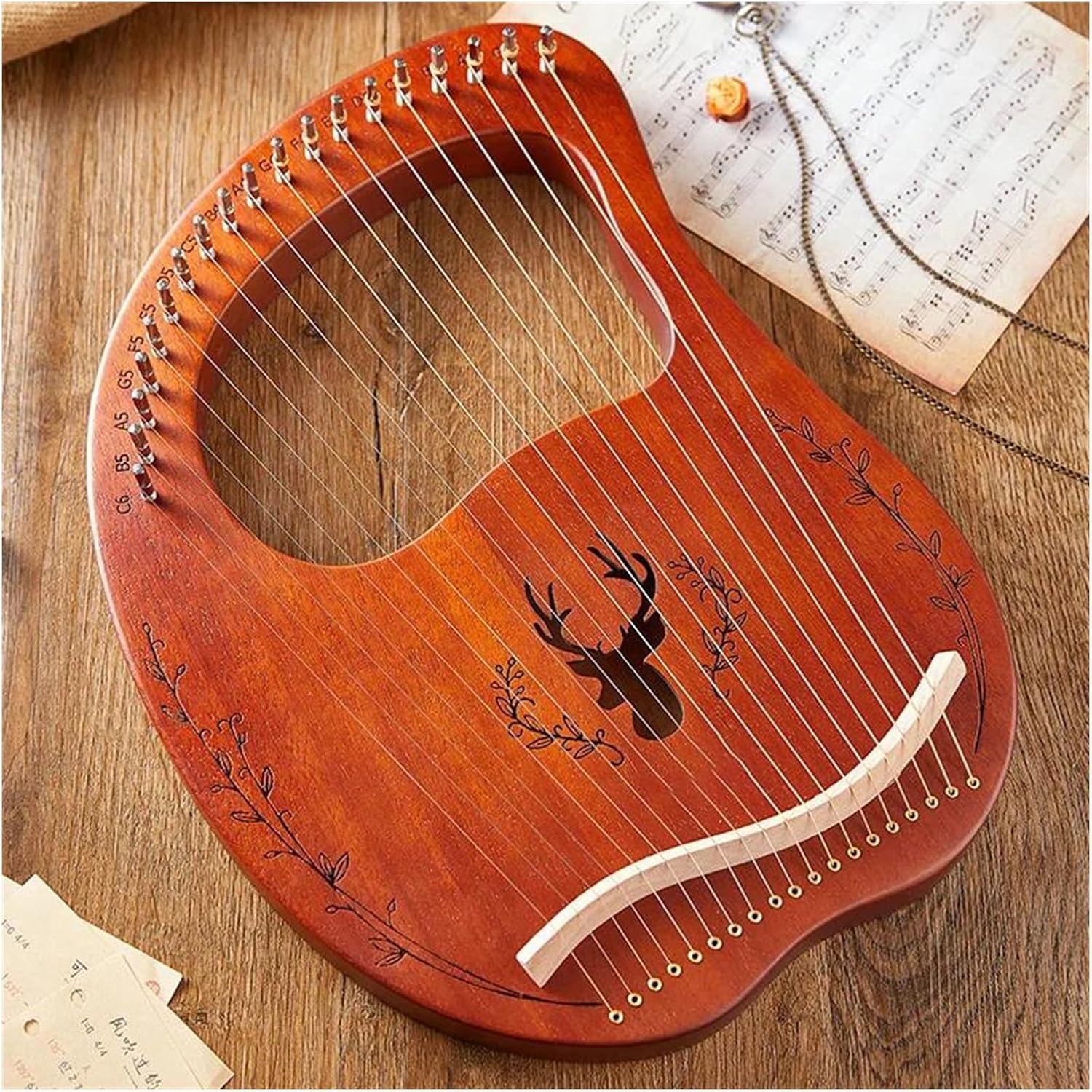 Lyre Harp Set 16/19/21/24 Strings Harp Wooden Mahogany Musical Instrument Lyre Harp With Tuning Wrench Spare Strings(19 Khaki)