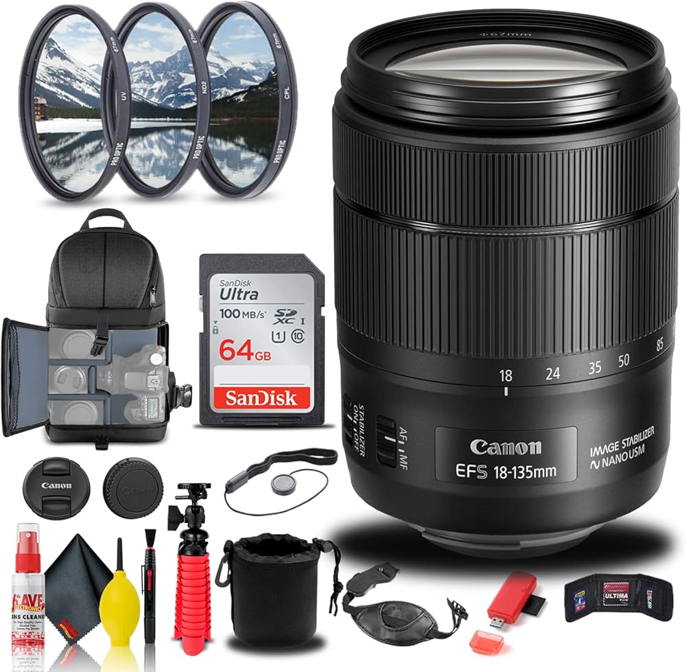 Canon EF-S 18-135mm f/3.5-5.6 is USM Lens (1276C002) + Filter Kit + Backpack + 64GB Card + Lens Pouch + Card Reader + Tripod + Memory Wallet + Cap Keeper + Cleaning Kit + Hand Strap + More (Renewed)