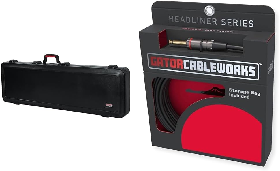 Gator Cases Molded Flight Case For Bass Guitar With TSA Approved Locking Latch + Cableworks Headliner Series Premium 10ft Instrument Cable with Quiet Switch