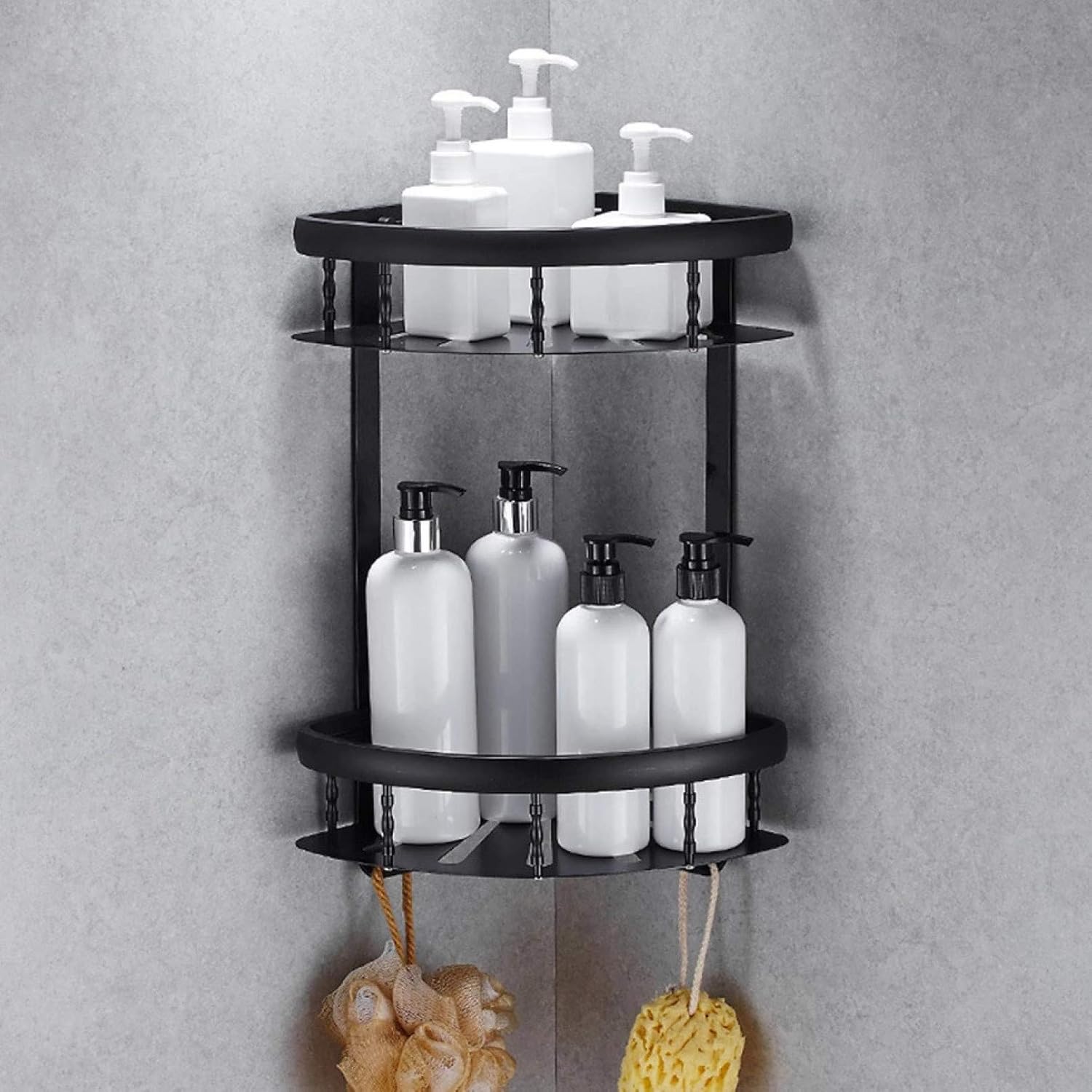 Bathroom Rack Wall-Mounted Black Shower Caddy Bathroom Corner Rack Two Layer Aluminum Shelves Shampoo Storage Wall Mount Shelf