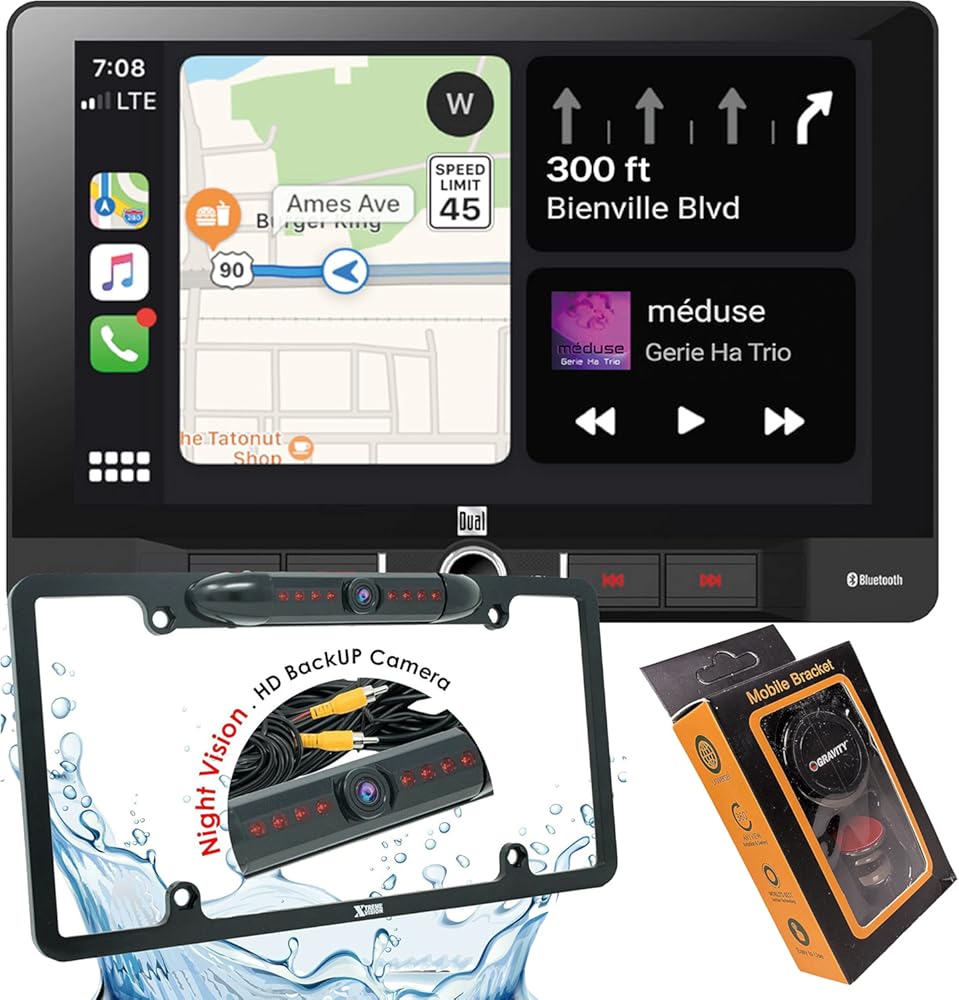 Dual Electronics DCPA901 9-Inch Single-DIN in-Dash Digital Media Receiver with Bluetooth, Android Auto and Wired Mirror Phone to The Unit with Gravity Magnet Phone Holder and Camera PK2 Bundle