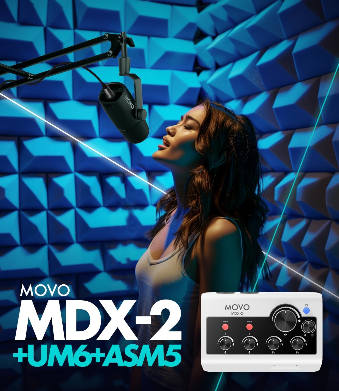 Movo Portable Podcast Equipment Bundle for iPhone/Android Phones- Podcast Kit with Audio Interface, 2 UM6 Dynamic Mics, 2 Boom Arms - for Smartphones, Computers, PC and Mac