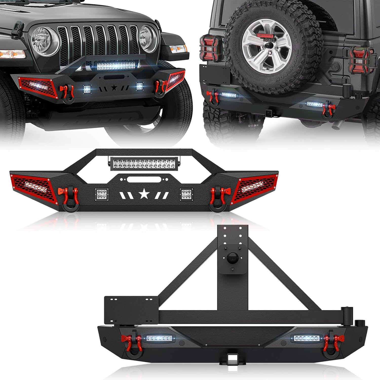 for JL Front & Rear Bumper with Tire Carrier Compatible with 2018-2026 Jeep Wrangler JL JLU w/Winch Plate, Sensor Holes, LED Lights, License Plate Frame, Paintable Armor, Hitch Receiver, D-rings