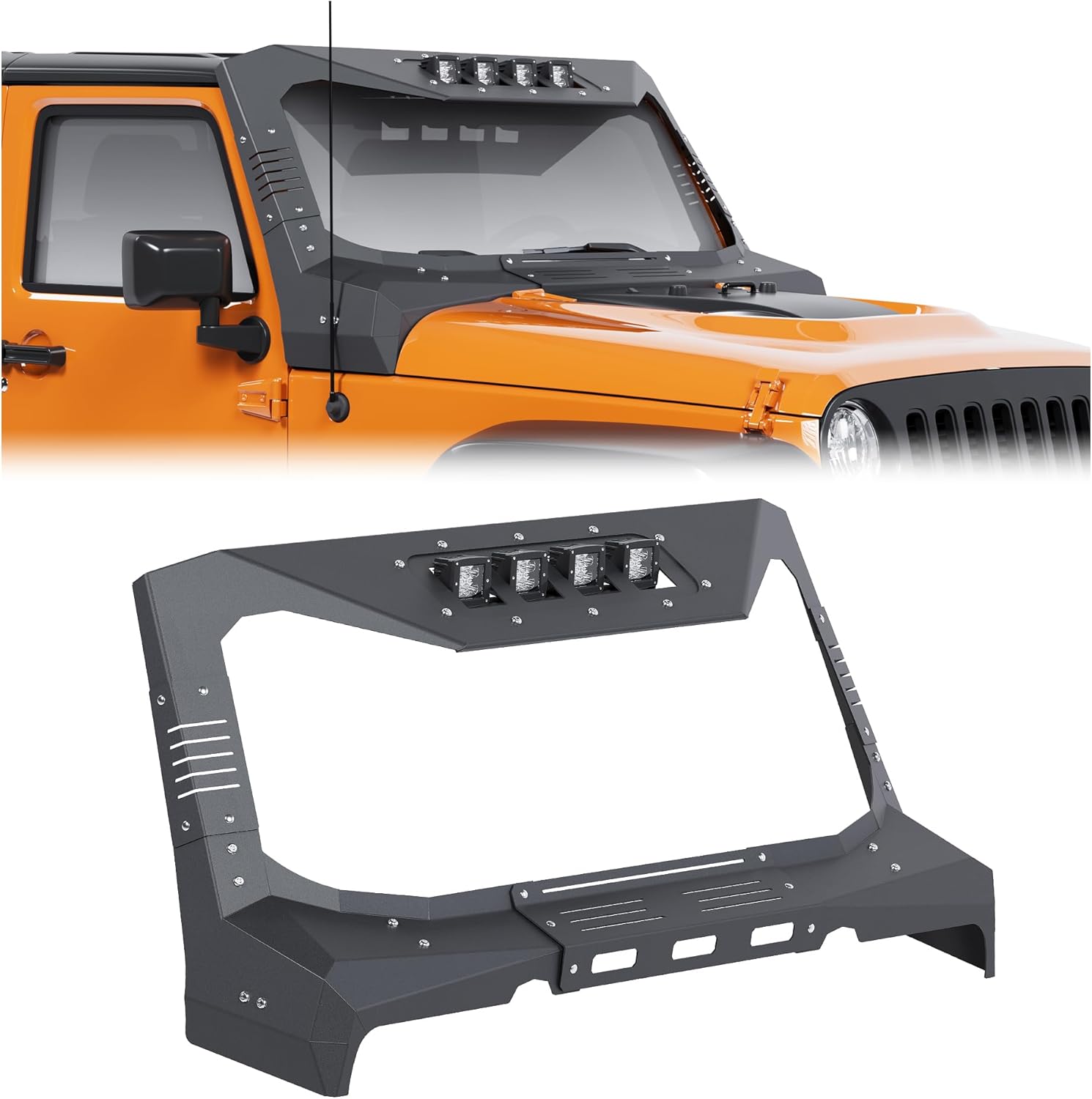 KUAFU Windshield Frame Cover Compatible with 2007-2018 Jeep Wrangler JK & Unlimited 2/4 Door Roof Sun Visor Cowl Body Armor Kit w/ 4 LED Lights Insert