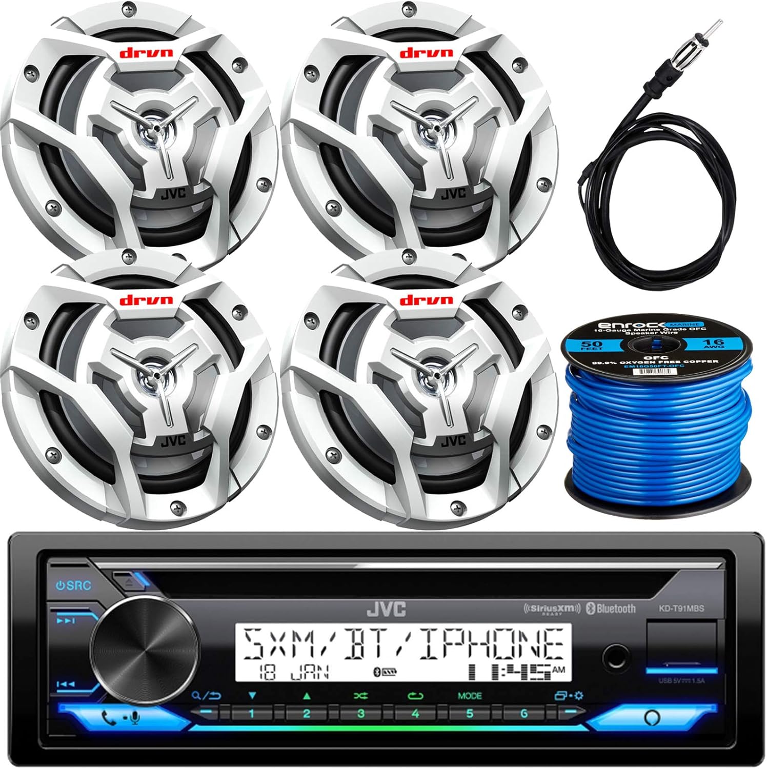 JVC KD-T91MBS Single DIN Marine Motor Sports CD Player USB AUX Receiver Bundle Combo with 4X 6.5 150 Watt 2-Way Coaxial White Car Audio Speakers + Enrock Radio Antenna + 50 Foot 16g Speaker Wire