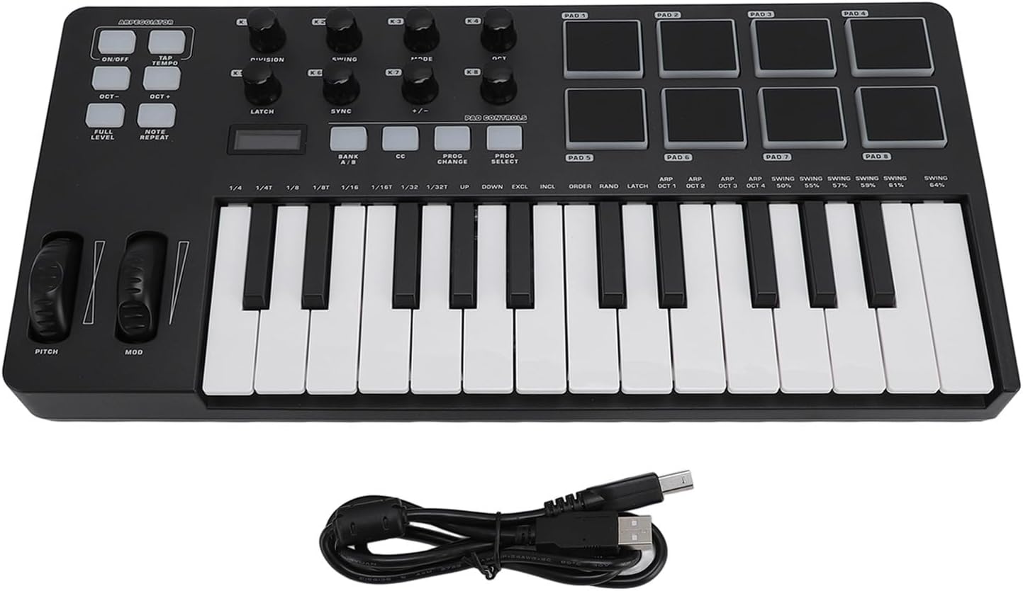 USB MIDI Keyboard Controller, 25 Key MIDI Controller with Integration Chord Mode Scale Mode 8 Backlit Drum Pads Arpeggiator 8 Knobs Music Production Software