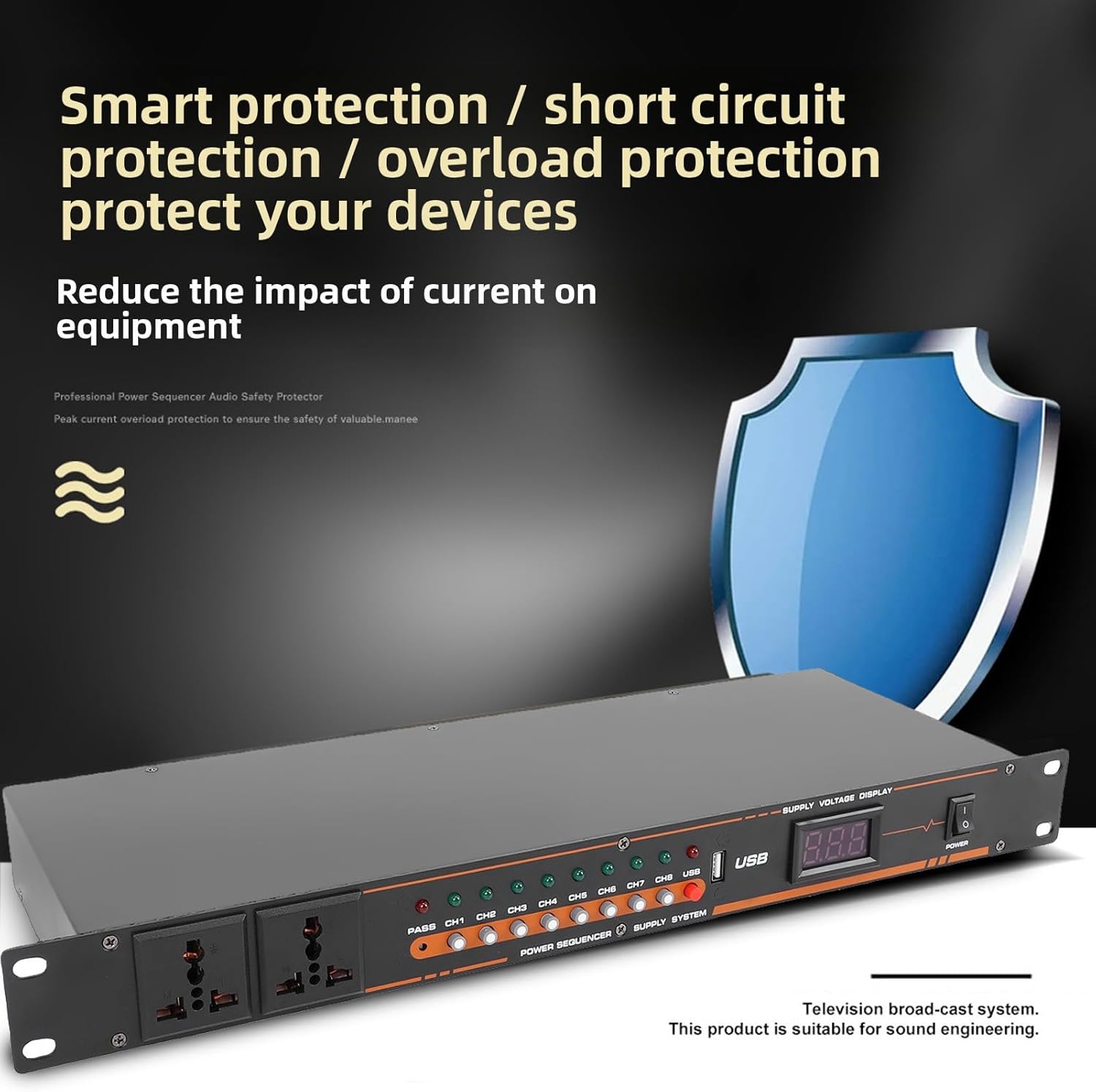 Asixxsix 10 Outlet Power Sequencer Conditioner, Power Supply Sequencer Controller with Digital Screen and Independent Power Switch USB Port, for Most of Audio Devices (US Plug)