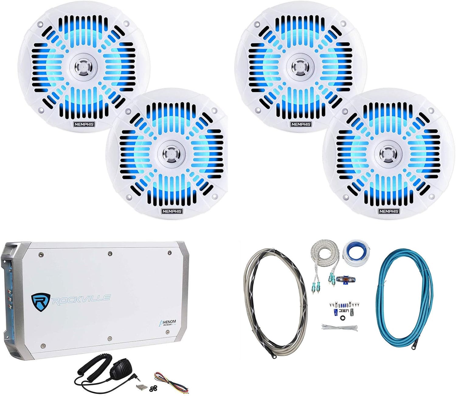 Memphis Pair Audio MXA602SLW 80w 6.LED Speakers for Compatible with Polaris RZR/ATV/UTV/Cart Bundle with Rockville RMWK4 Marine Amplifier and RXM-F4 Amplifier