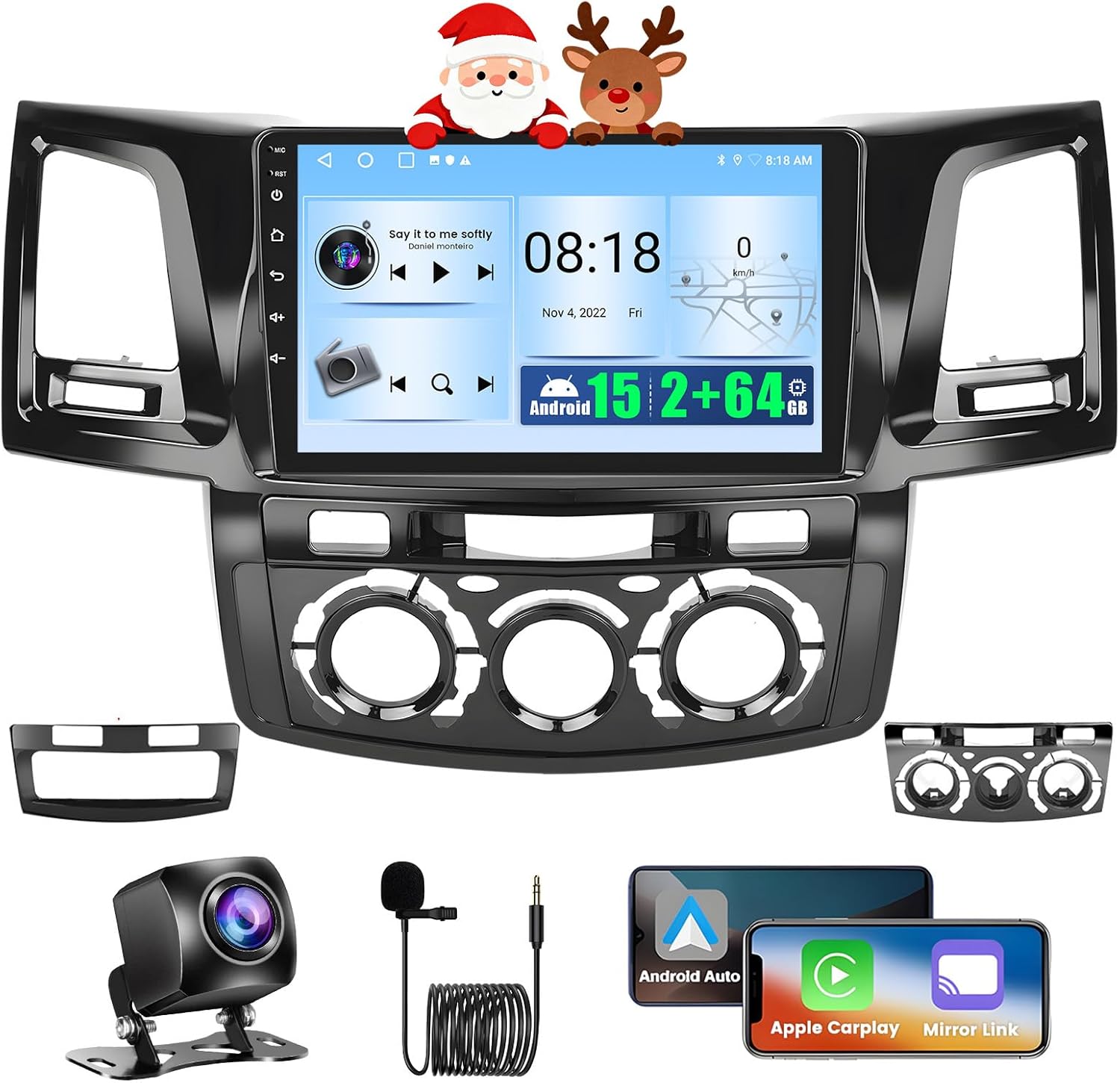 2+64GB Android 15 Car Radio for Toyota Hilux 2005-2014 Wireless CarPlay Android Auto, Realdio 9 Inches Touch Screen for Hilux Stereo with WiFi GPS Bluetooth EQ 26UI AHD Backup Camera MIC