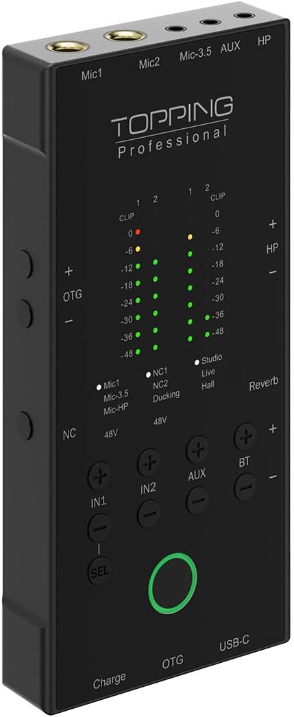TOPPING M62 Portable Audio Interface, Dual Mic Inputs with 48V Phantom Power, AI Noise Reduction, 5000mAh Battery, 96kHz/24bit Recording for Streaming, Podcast, Field Recording (Black)