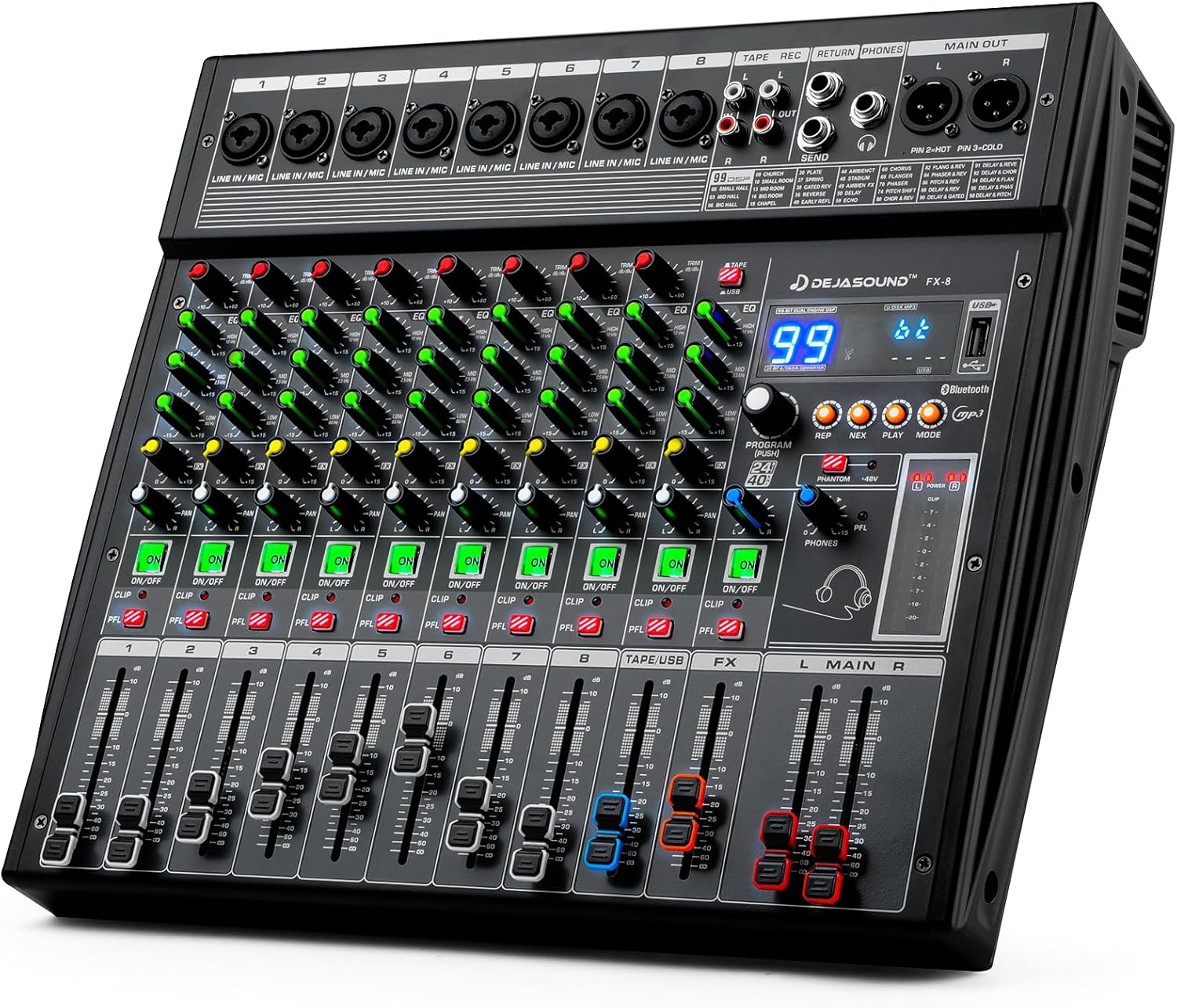 8-Channel Professional Audio Mixer, FX-8usb Mixing Console with XLR Inputs, Bluetooth, 99 DSP Effects, MP3, USB Interface for Podcast, Music, Recording, PC 13.39