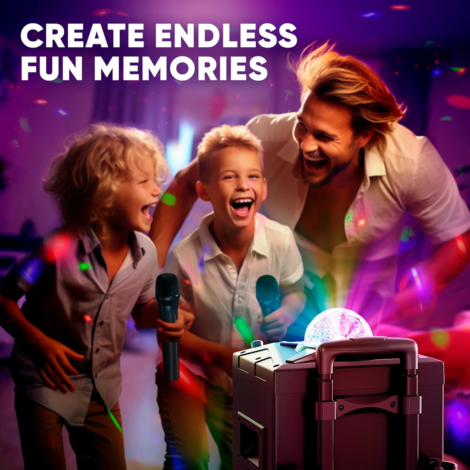 MASINGO New Karaoke Machine for Adults and Kids with 2 Bluetooth Wireless Microphones. Portable Singing PA Speaker System with Party Lights, Lyrics Display Holder, and TV Cable. Festoso X9