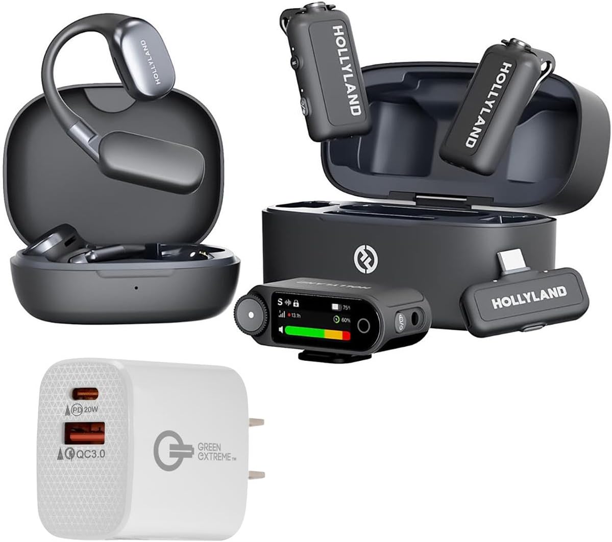 Hollyland Lark MAX 2 Combo 2.4GHz 2-Person Wireless Lavalier Microphone System, Space Gray, Bundle with 20W 2-Port USB-C/USB-A Wall Charger