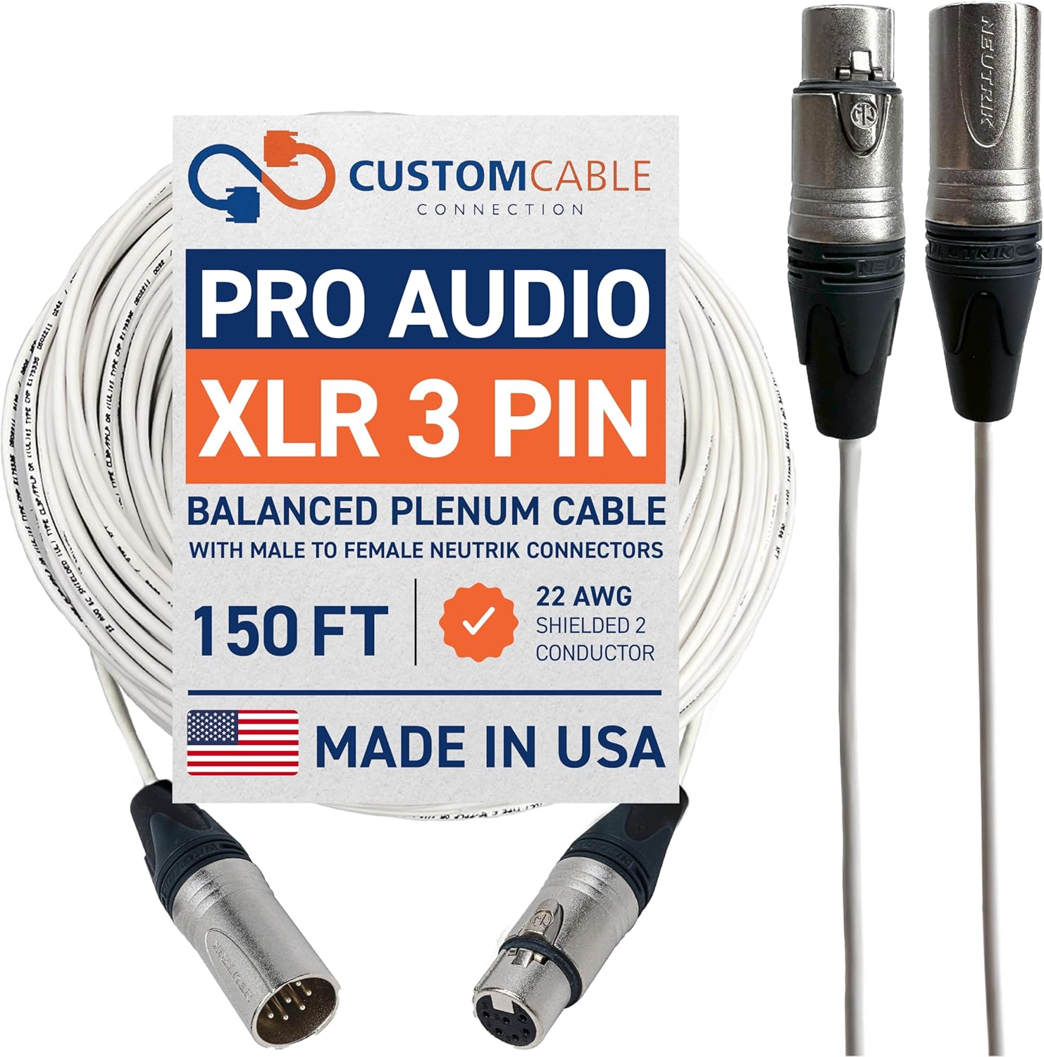 Custom Cable Connection 150 Foot Plenum XLR Male to Female Plenum Balanced Pro Audio Cable, White