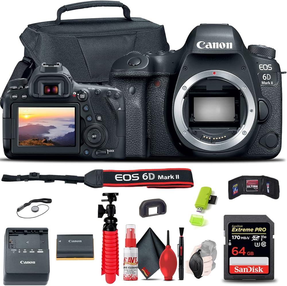 Canon EOS 6D Mark II DSLR Camera (Body Only) (1897C002) + 64GB Memory Card + Case + Card Reader + Flex Tripod + Hand Strap + Cap Keeper + Memory Wallet + Cleaning Kit (Renewed)