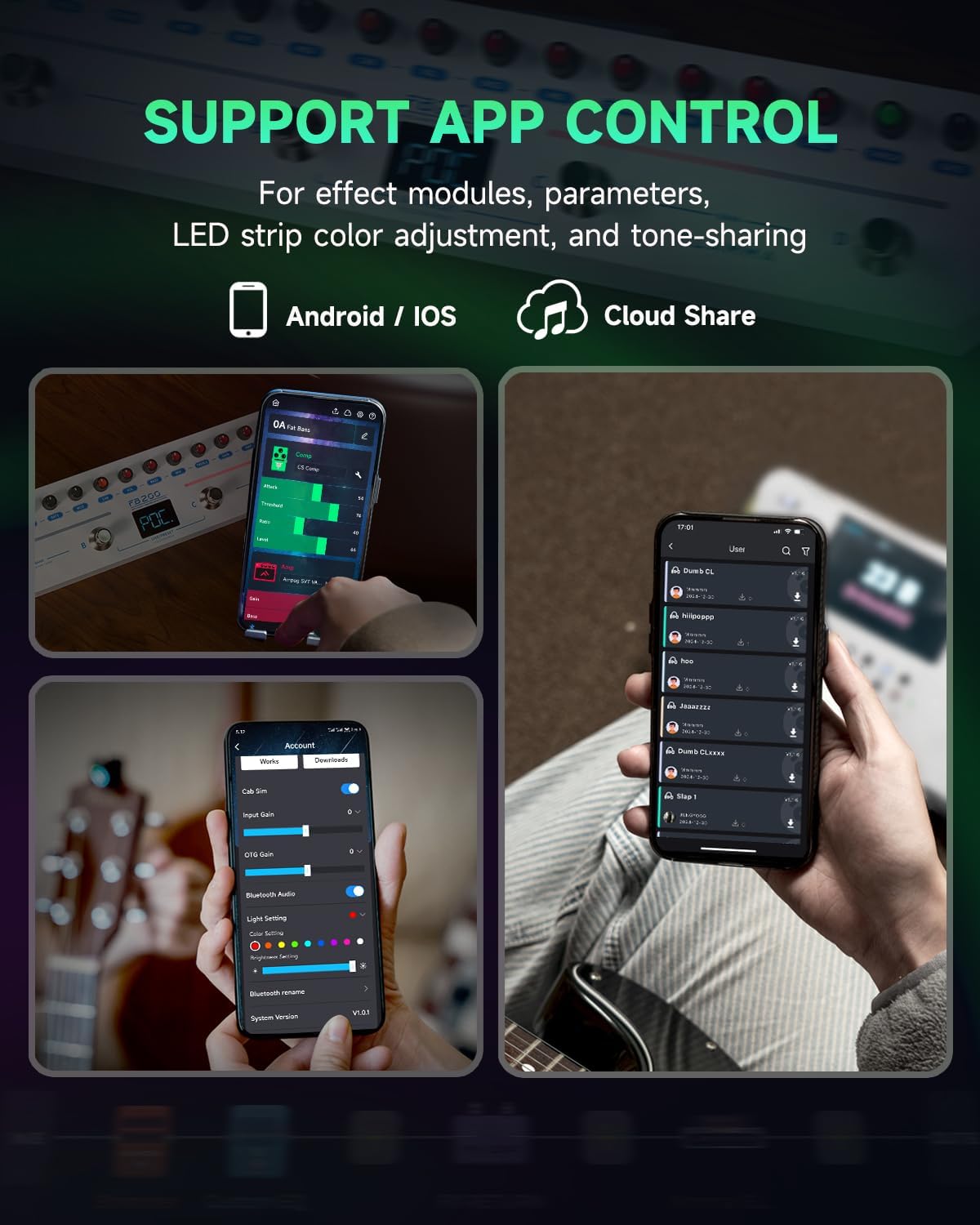 FLAMMA FB200 Bass Multi-Effects Pedal Intelligent Processor with 10 Bass-specific AMP models 10 CAB Sim 9 IR Slots 40 Drum Rhythm 40 Presets 5 Mod 5 Reverb Tuner APP Control Headphone Output