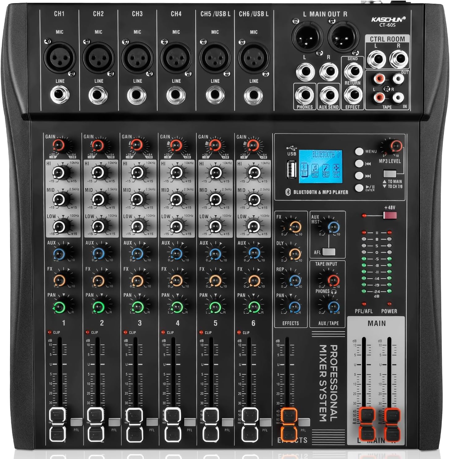 Professional Audio Mixer, 6 Channel Mixer Sound Board Mixer DJ Mixing，Equipped With 48v Phantom Power USB Recording Bluetooth MP3 Player, Studio Audio Mixer Suitable for DJ Studio Streaming Recording