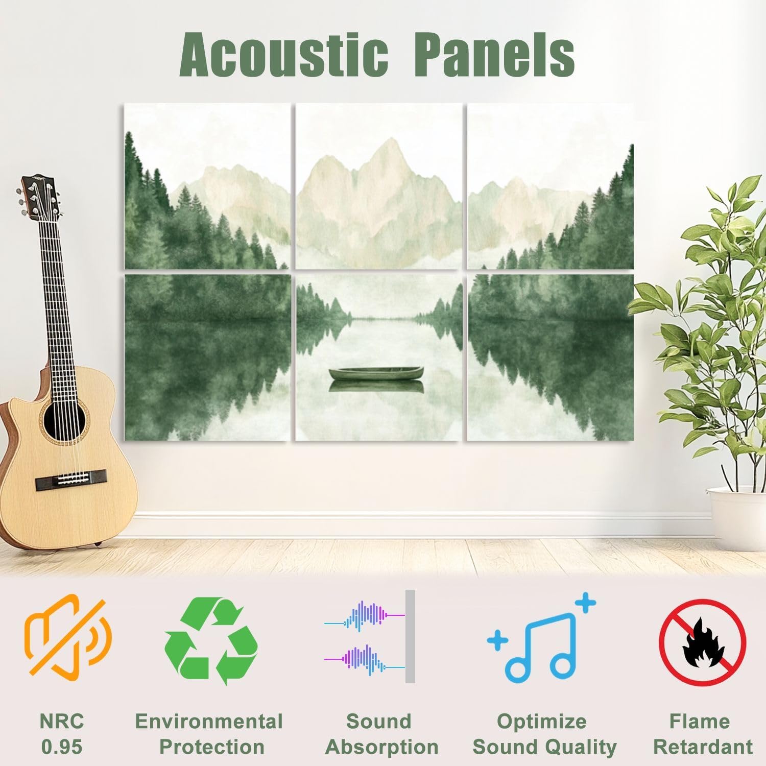 6 Pack Art Acoustic Panels Sound Absorbing Lake Mountains Forest Scenery Nature Landscape Modern Boat Rowboat Decorative Soundproof Wall Panels Self Adhesive for Recording Studios Office 72