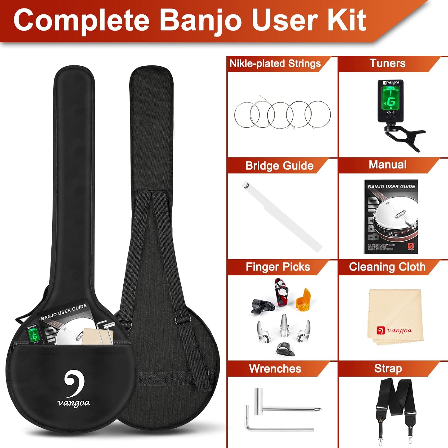 Vangoa Banjo 5 String Full Size Beginner Kit Remo Head Mahogany Resonator Banjo Closed Back with Premium Bag for Adults Teens Starters